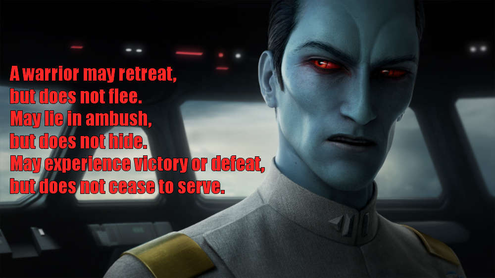 This meme features a character from the Star Wars franchise, Grand Admiral Thrawn, with a quote overlayed on top. The quote is a humorous and satirical take on the idea of being a "warrior" or a "hero" in a high-pressure situation, with a tongue-in-cheek tone that pokes fun at the idea of being a "warrior" in a situation that is actually a joke.